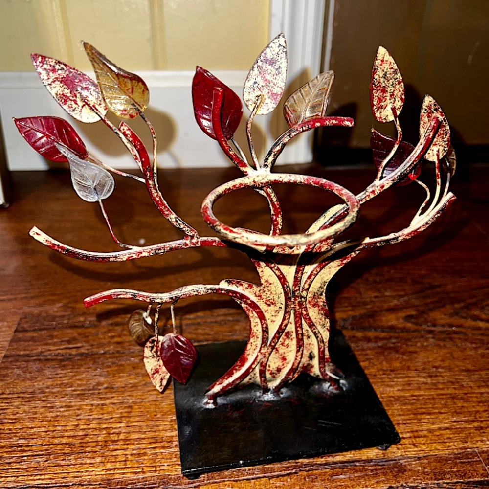 Tree of Life India Art Rustic Red Gold Translucent Leaf Vintage Candle Holder - Picture 2 of 11